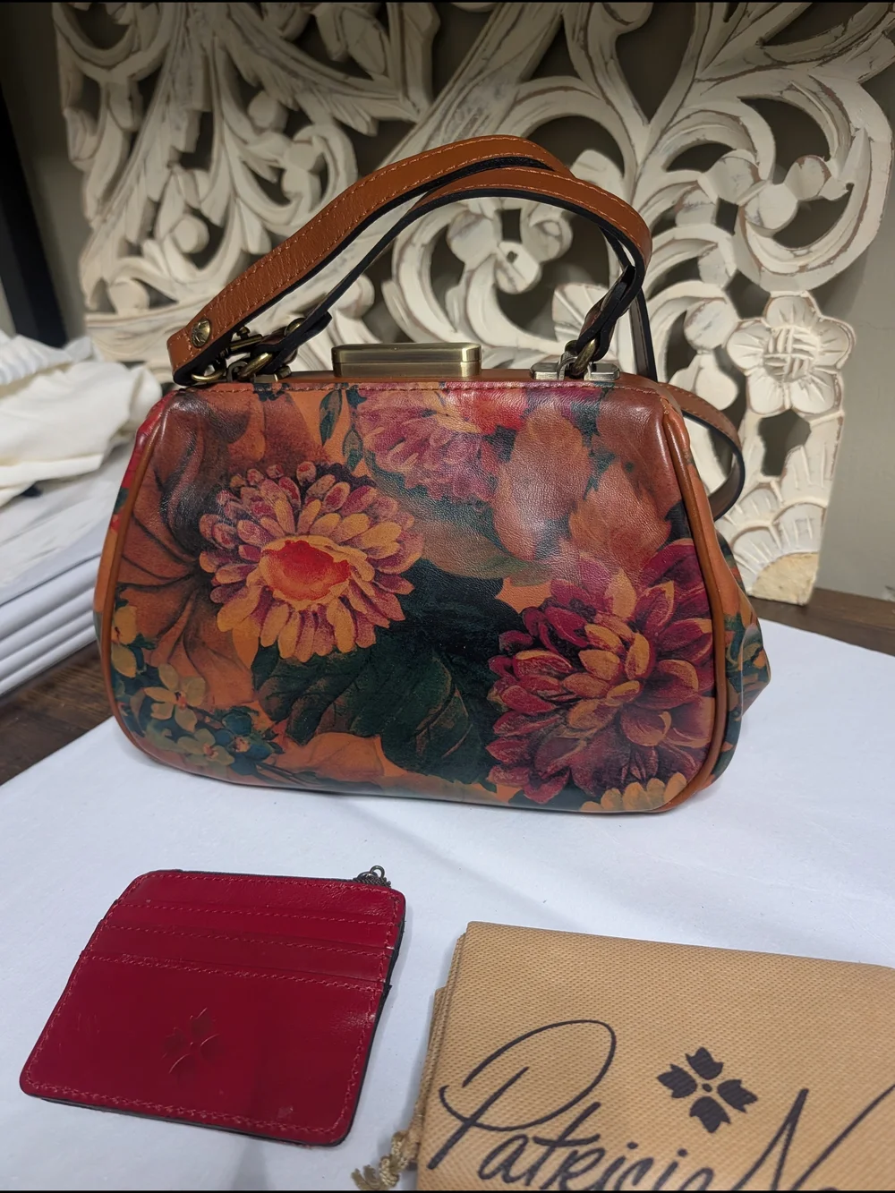 Patricia Nash Floral Leather Frame Satchel  Multicolor &Red leather Card Wallet